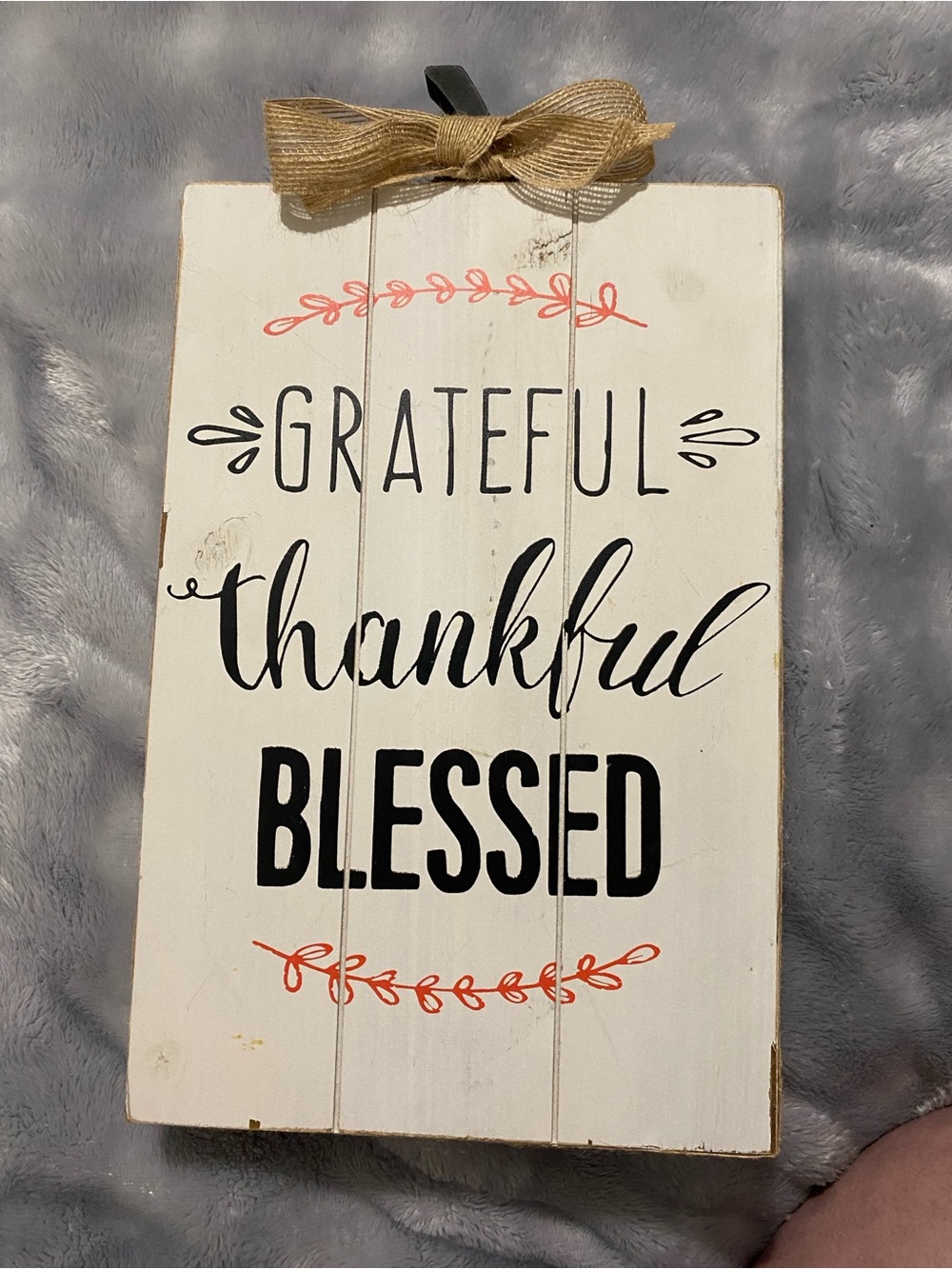 Grateful Thankful Blessed Wooden Wall Sign - White with Black & Coral Accents